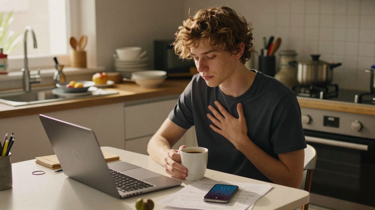 Jovem sentado à mesa na cozinha com laptop, celular e tomando café, aparentando sentir desconforto no peito.