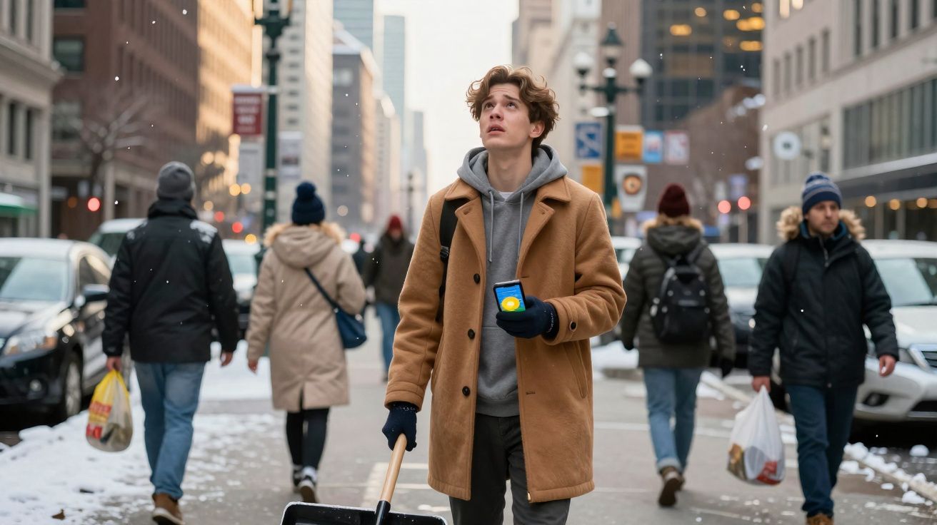 Jovem com casaco marrom segura pá e celular em rua de cidade com neve ao redor e pessoas ao fundo.