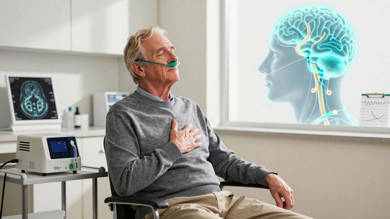 Homem idoso com cateter nasal recebendo oxigênio, sentado em cadeira de rodas com imagem digital do cérebro ao fundo.