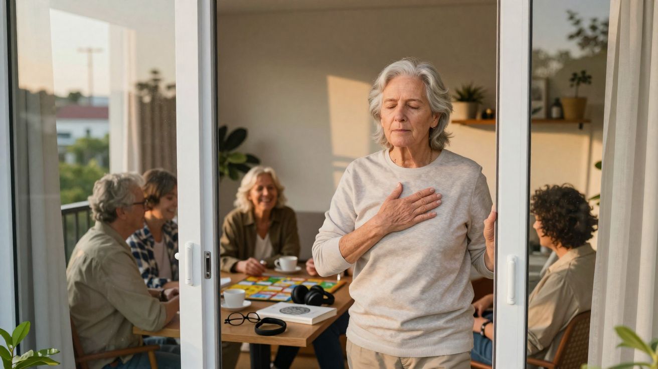 Mulher idosa de olhos fechados com a mão no peito em primeiro plano, grupo socializando ao fundo.