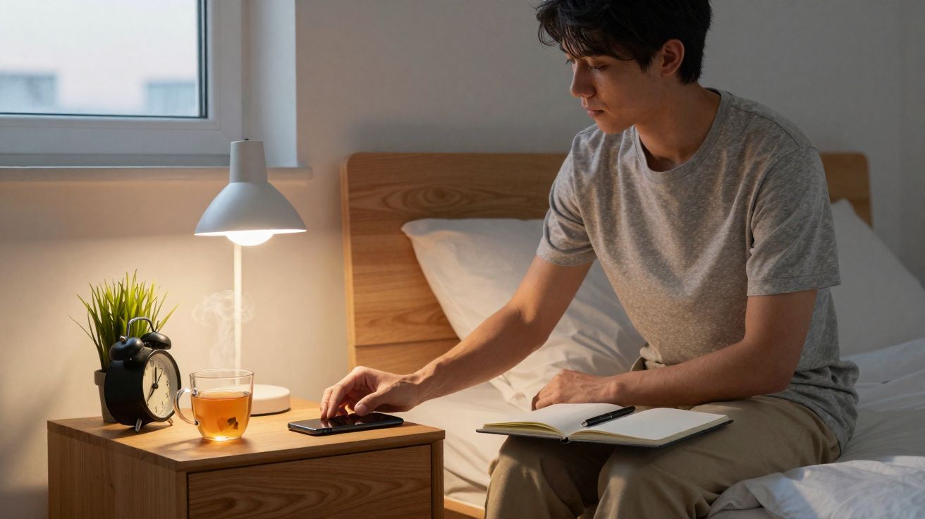 Homem sentado na cama apaga despertador, ao lado mesa com xícara de chá, livro e abajur ligado.