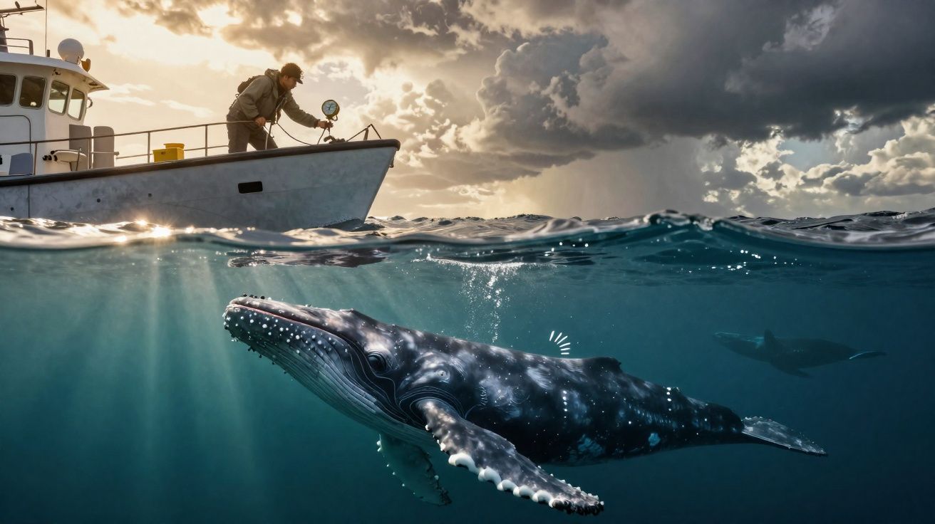 Pessoa em barco observando baleia jubarte nadando na superfície do mar sob céu nublado.