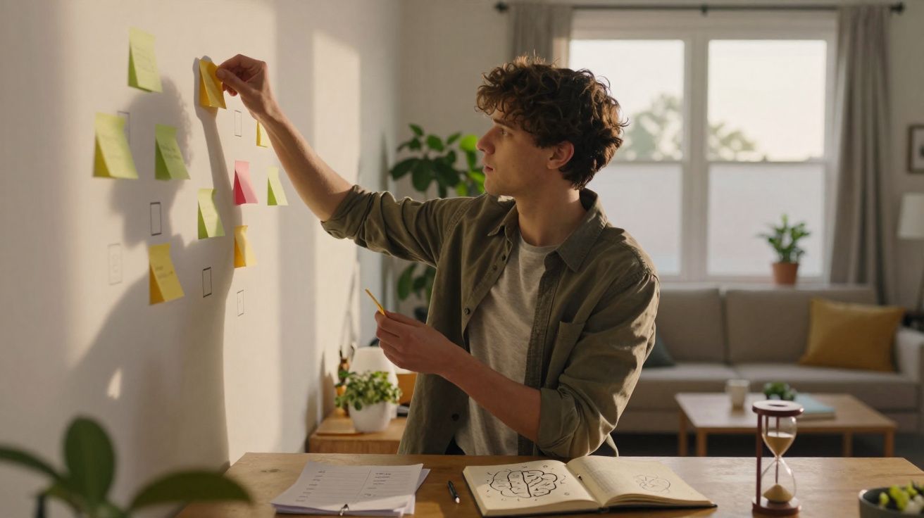 Jovem organiza notas coloridas em parede enquanto trabalha em mesa com cadernos e ampulheta em sala iluminada.