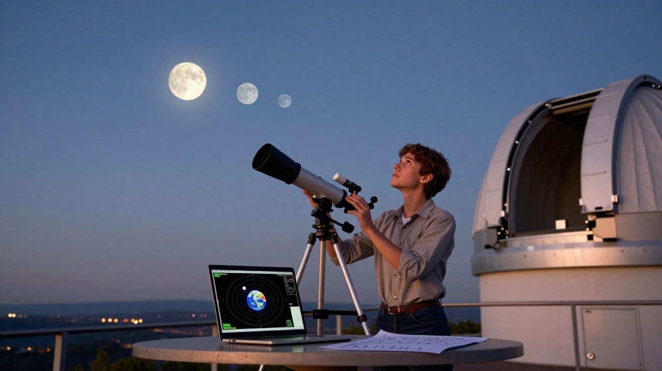 Astrônomo jovem observando a lua com telescópio à noite, com laptop e imagens da lua em sequência.