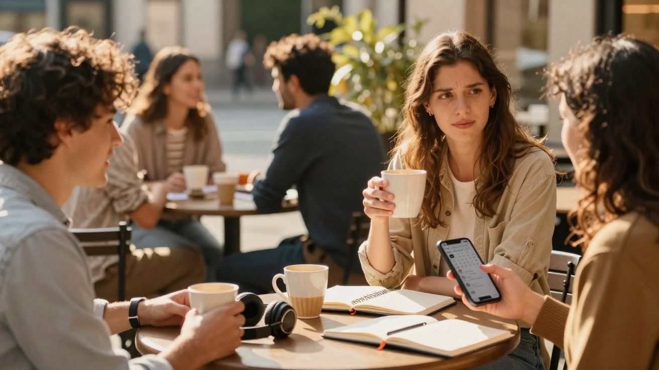 Jovens conversando em café ao ar livre, com xícaras, livros e celular na mesa.