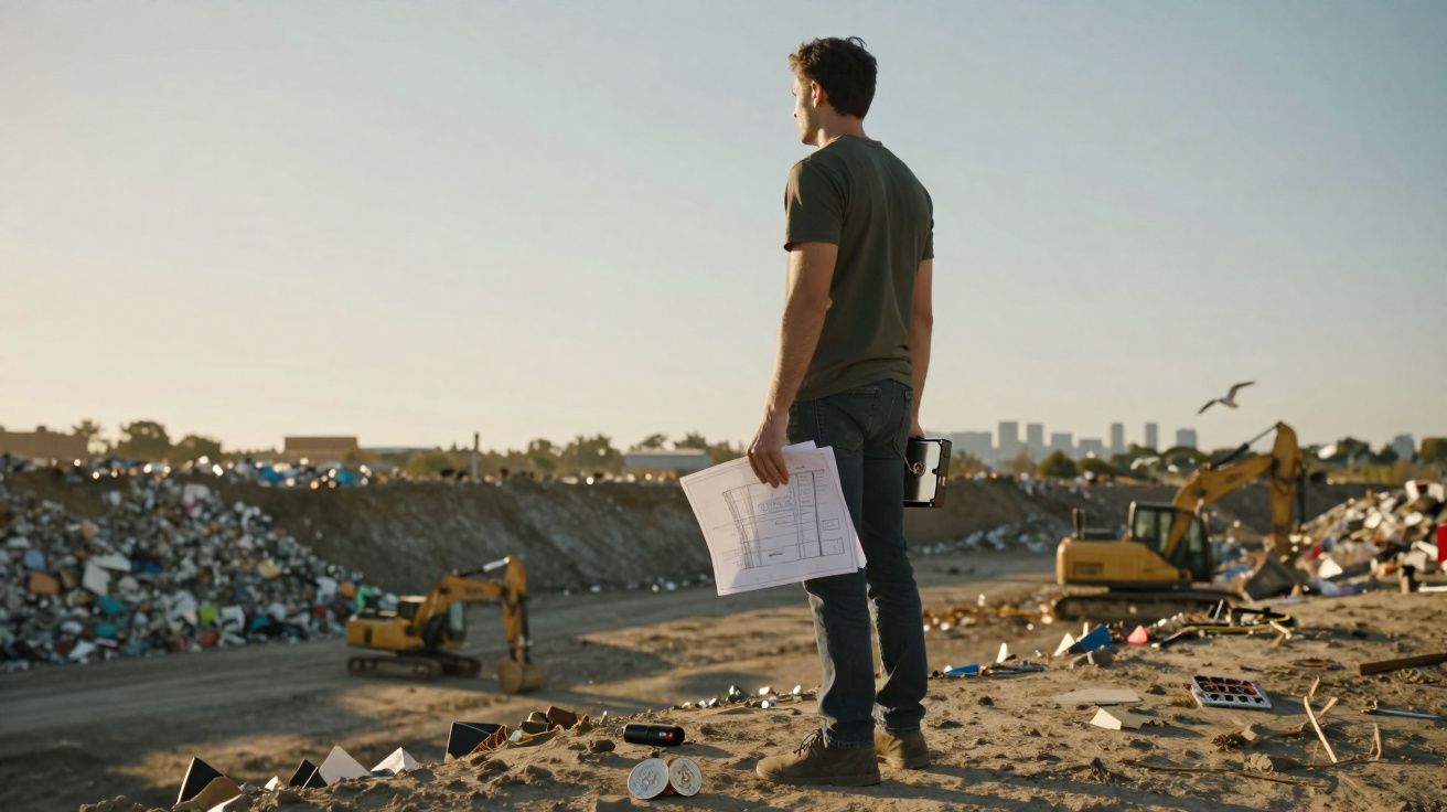Homem com plantas na mão observa construção e pilha de entulho em canteiro de obras ao entardecer.