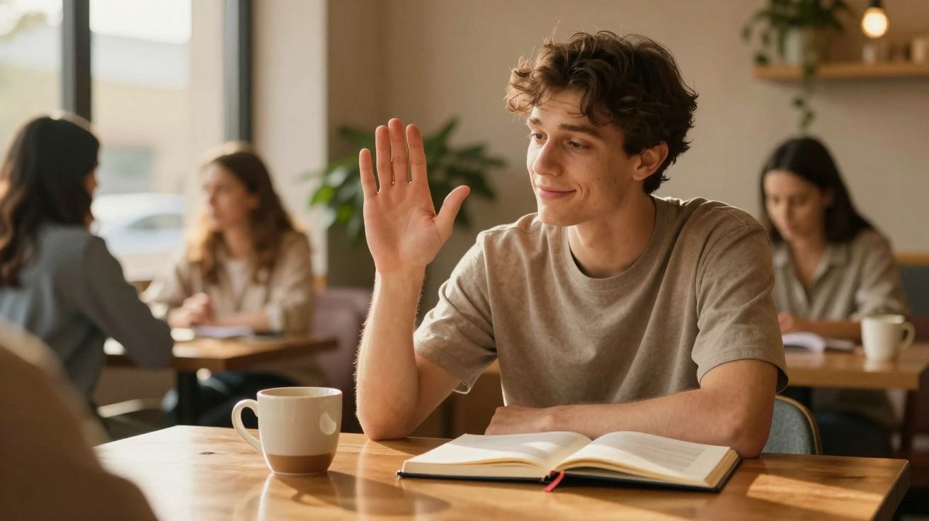 Jovem sentado em mesa de café com livro aberto e mão levantada, gesto de saudação ou resposta.
