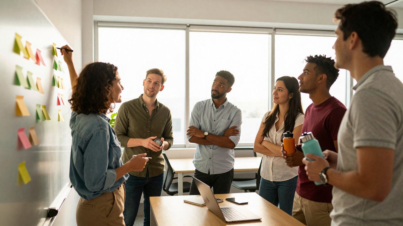 Equipe diversa em reunião informal ao redor de mesa com post-its coloridos em quadro branco.