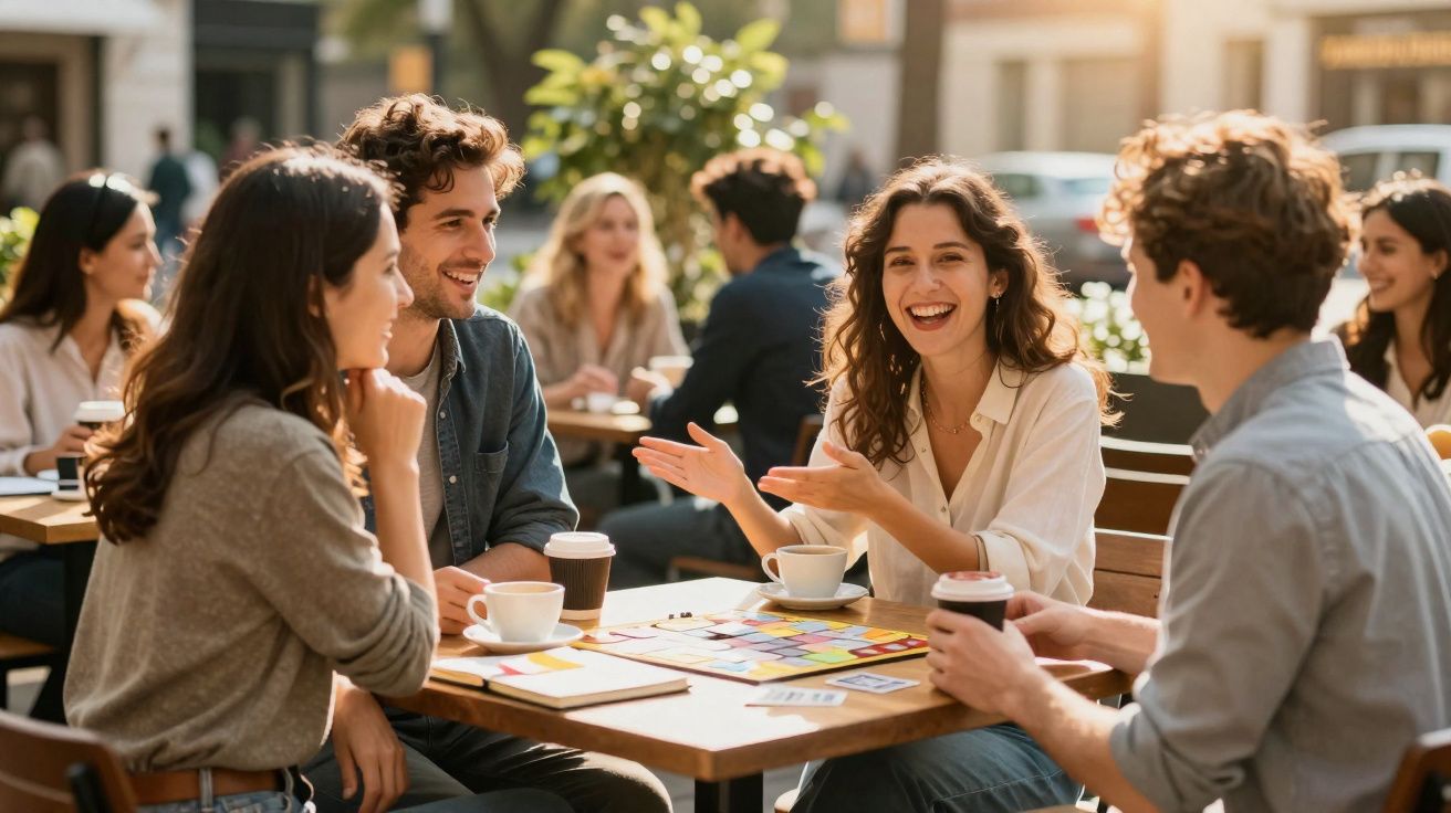Grupo de jovens reunidos conversando animadamente em mesa de café ao ar livre em dia ensolarado.