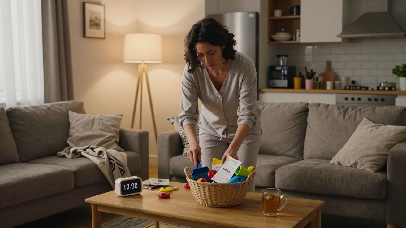 Mulher em casa organizando brinquedos infantis em uma cesta na sala de estar aconchegante.