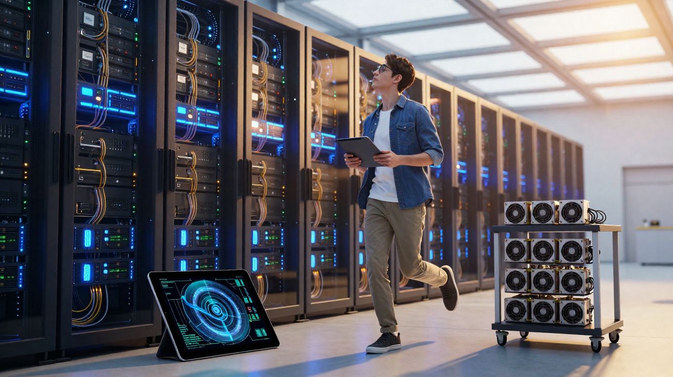 Técnico de TI com tablet em datacenter próximo a servidores e equipamento de mineração de criptomoedas.