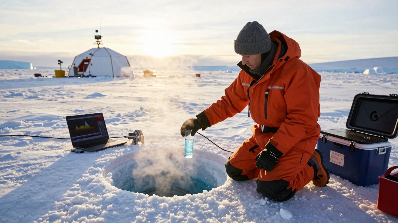 Pesquisador em roupa térmica coleta amostra de água em buraco no gelo na Antártida com equipamentos científicos.
