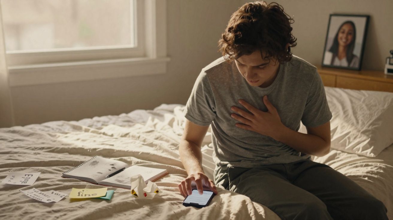 Jovem sentado na cama com a mão no peito olhando para celular em um quarto iluminado pela luz natural.