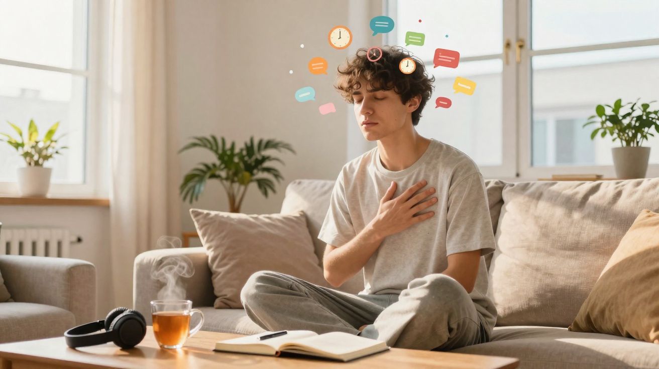 Jovem meditando no sofá com olhos fechados, cercado por balões de diálogo coloridos e relógios flutuantes.