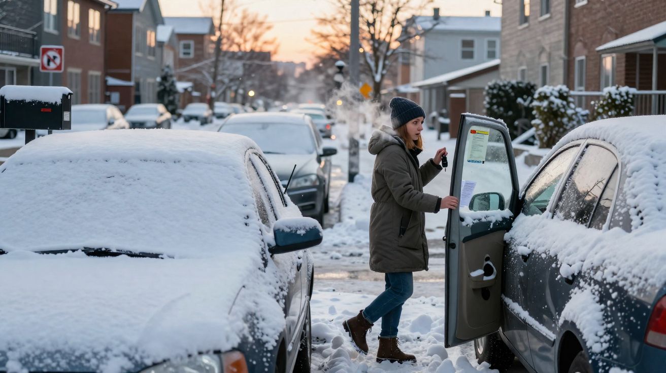 Mulher de roupa de inverno entrando em carro coberto de neve em rua residencial no inverno.