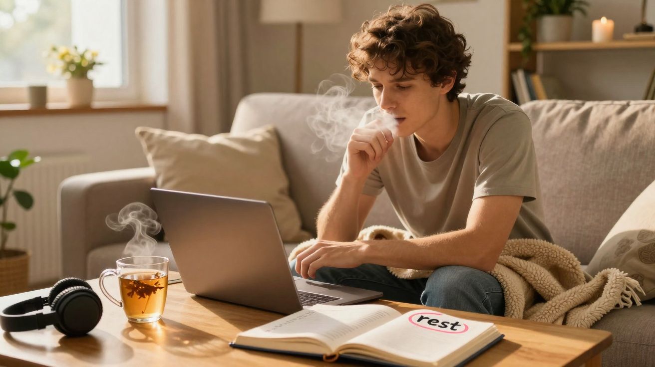 Jovem sentado no sofá usando laptop, bebendo chá e com livro aberto na mesa à frente.