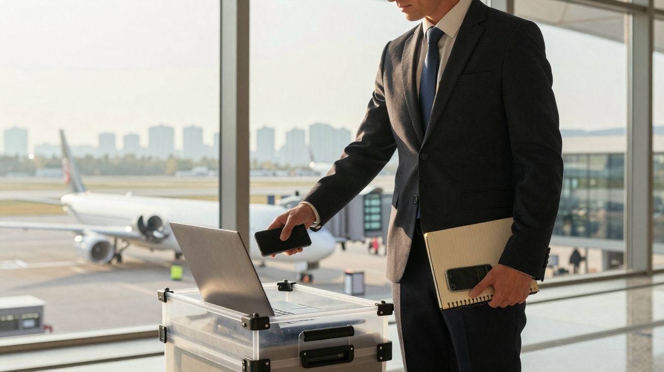 Homem de terno usa celular próximo a mala transparente em aeroporto com avião ao fundo.