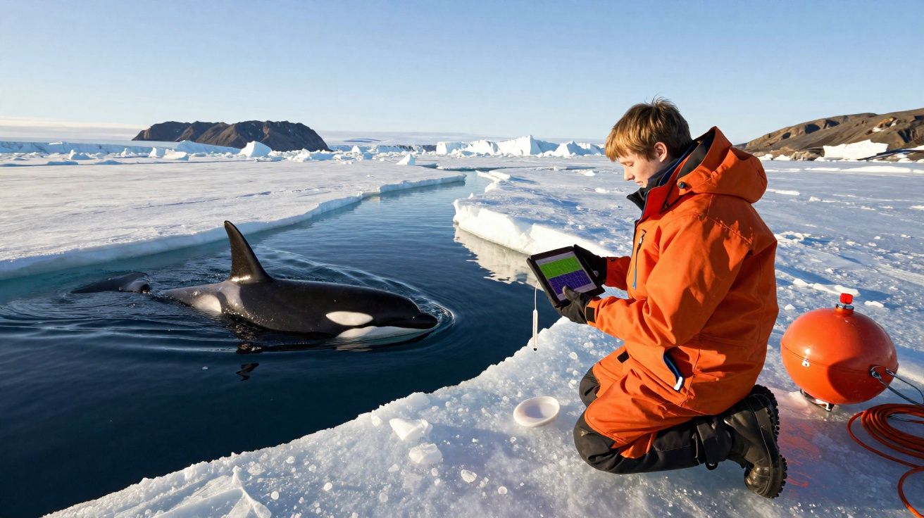 Pesquisador em roupa laranja observa orca em abertura no gelo no Ártico com equipamento científico ao lado.