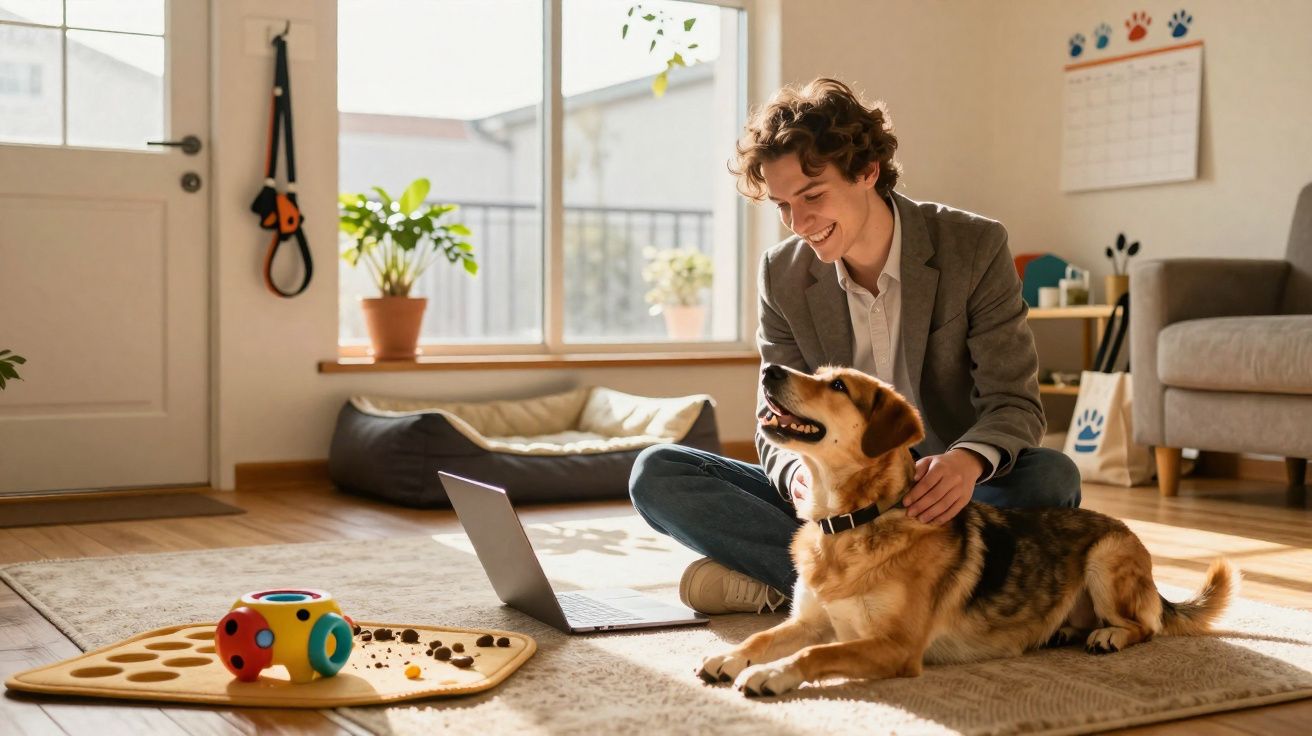 Homem sentado no chão brinca e sorri para cachorro em sala iluminada por janela ampla.