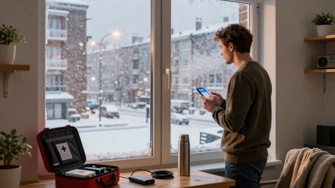 Homem dentro de casa usando celular ao lado de janela com neve e caixa de emergência aberta na mesa.