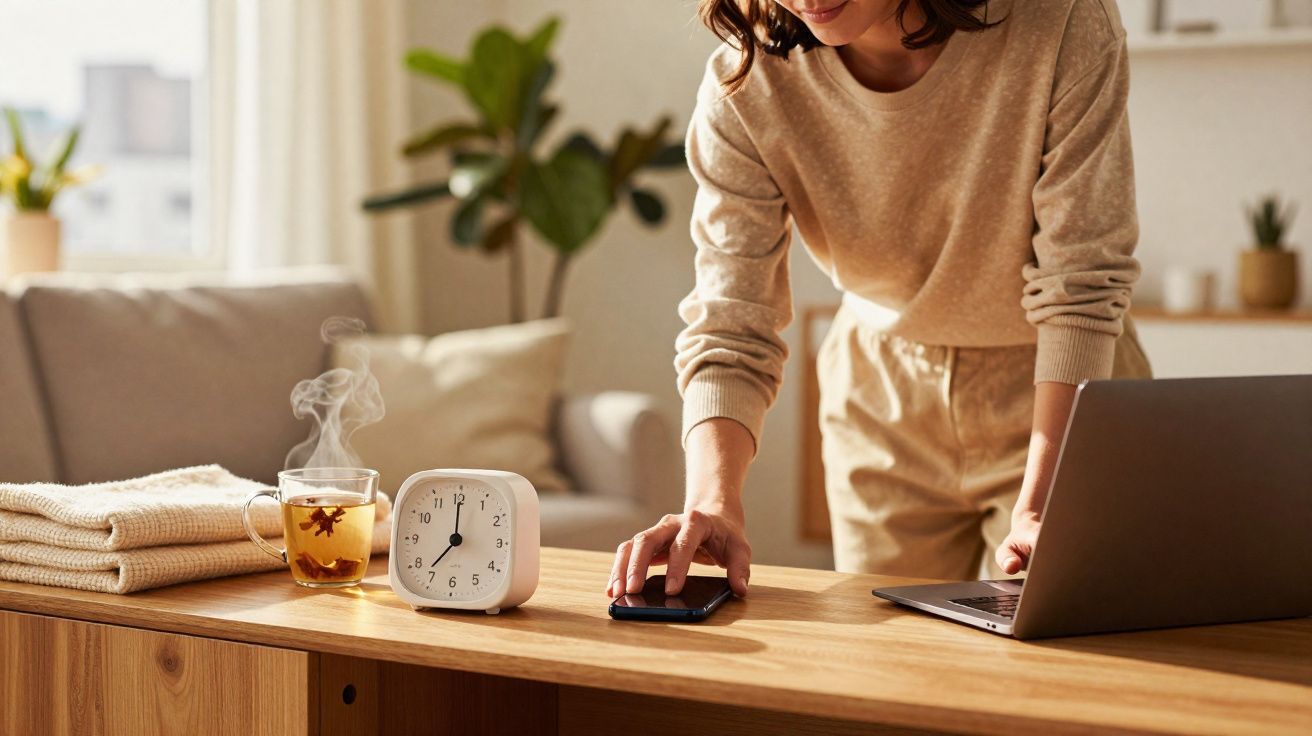 Pessoa usando suéter bege, tocando celular, com laptop, relógio, xícara de chá quente e toalhas sobre mesa de madeira.