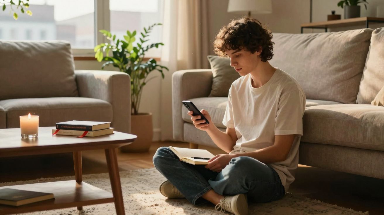 Jovem sentado no chão da sala, mexendo no celular e segurando caderno aberto com caneta.