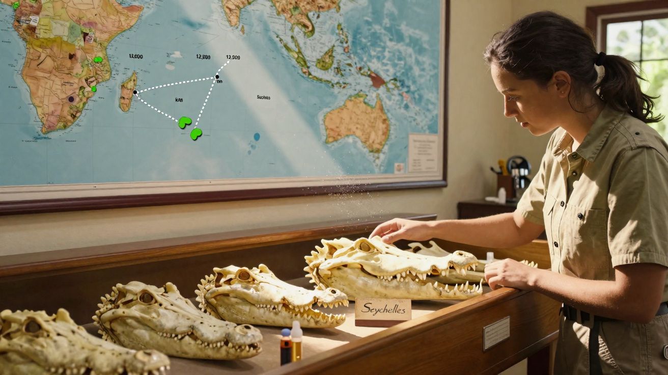 Mulher em uniforme organiza crânios de crocodilos em vitrine com mapa-múndi ao fundo.