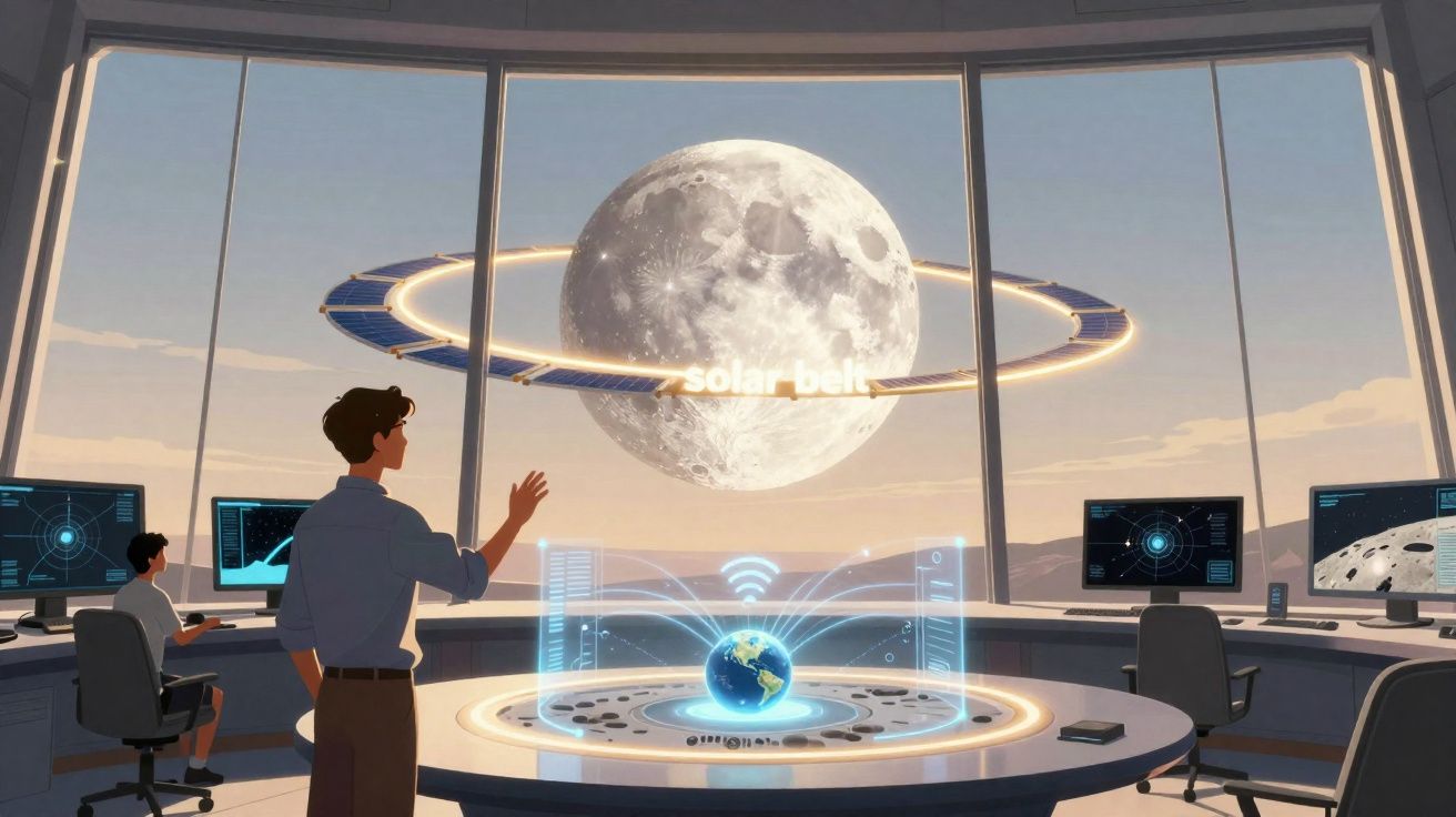 Sala futurista com pessoas observando a lua e hologramas de sistemas solares em telas digitais.