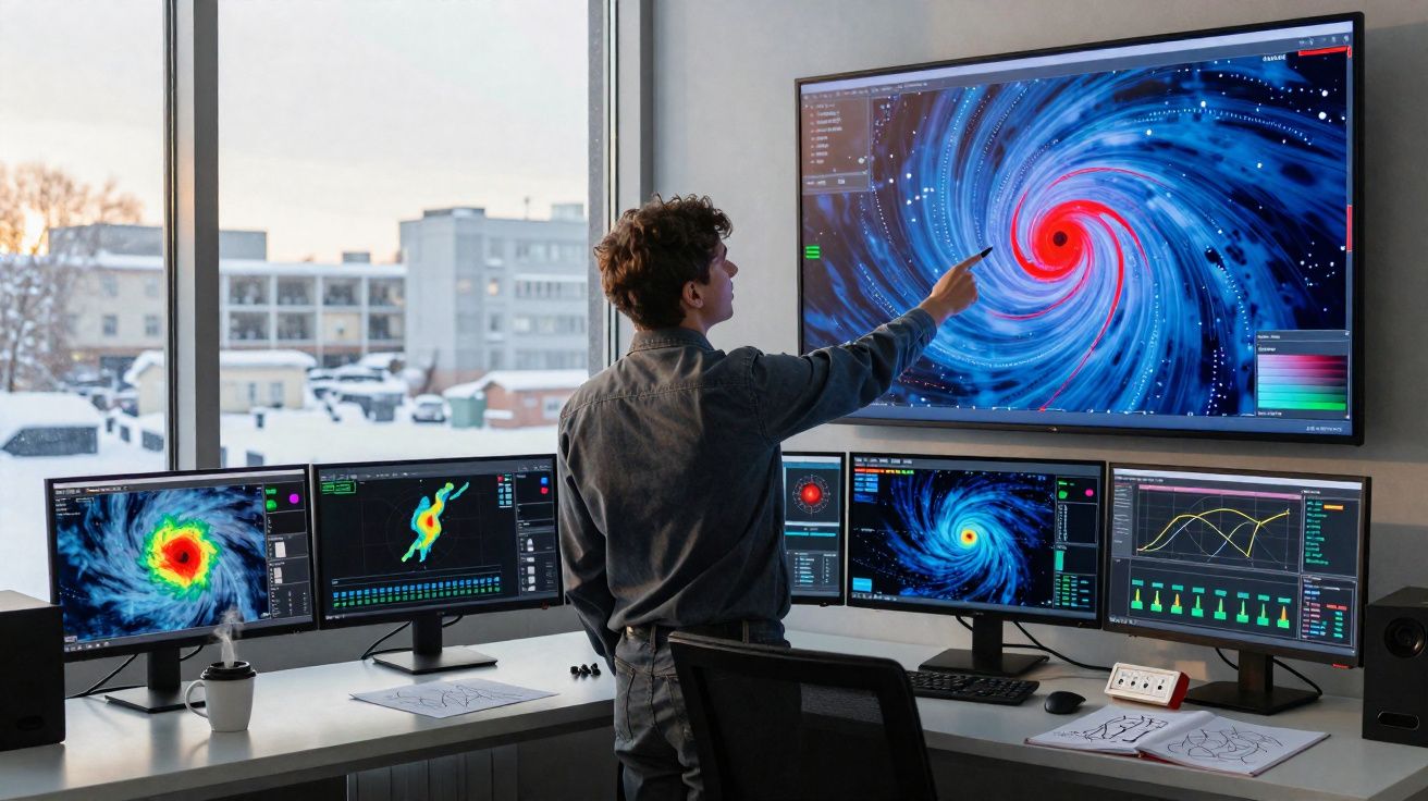 Pessoa analisando telas com mapas e gráficos meteorológicos de furacões em sala com janelas grandes.