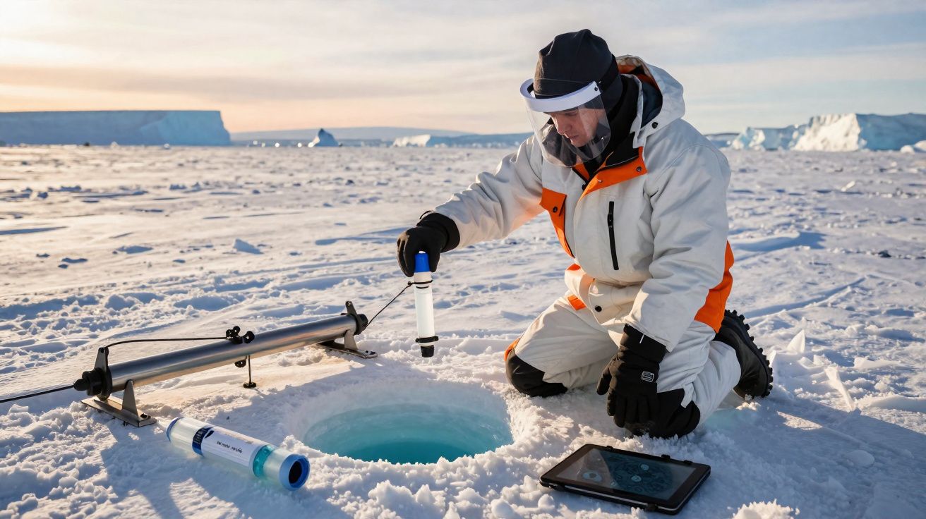 Pesquisador coleta amostra de água em buraco no gelo ártico com equipamentos científicos ao redor.