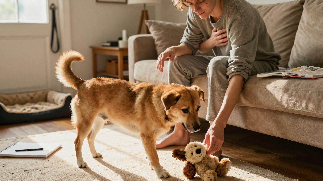 Pessoa sentada no sofá brinca com cachorro marrom que está com brinquedo peludo na boca.