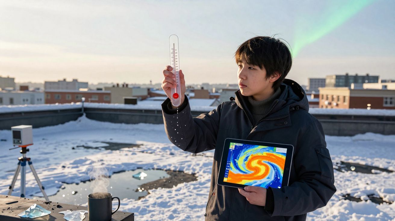 Pessoa segurando termômetro e tablet com mapa climático, em telhado coberto de neve ao entardecer.