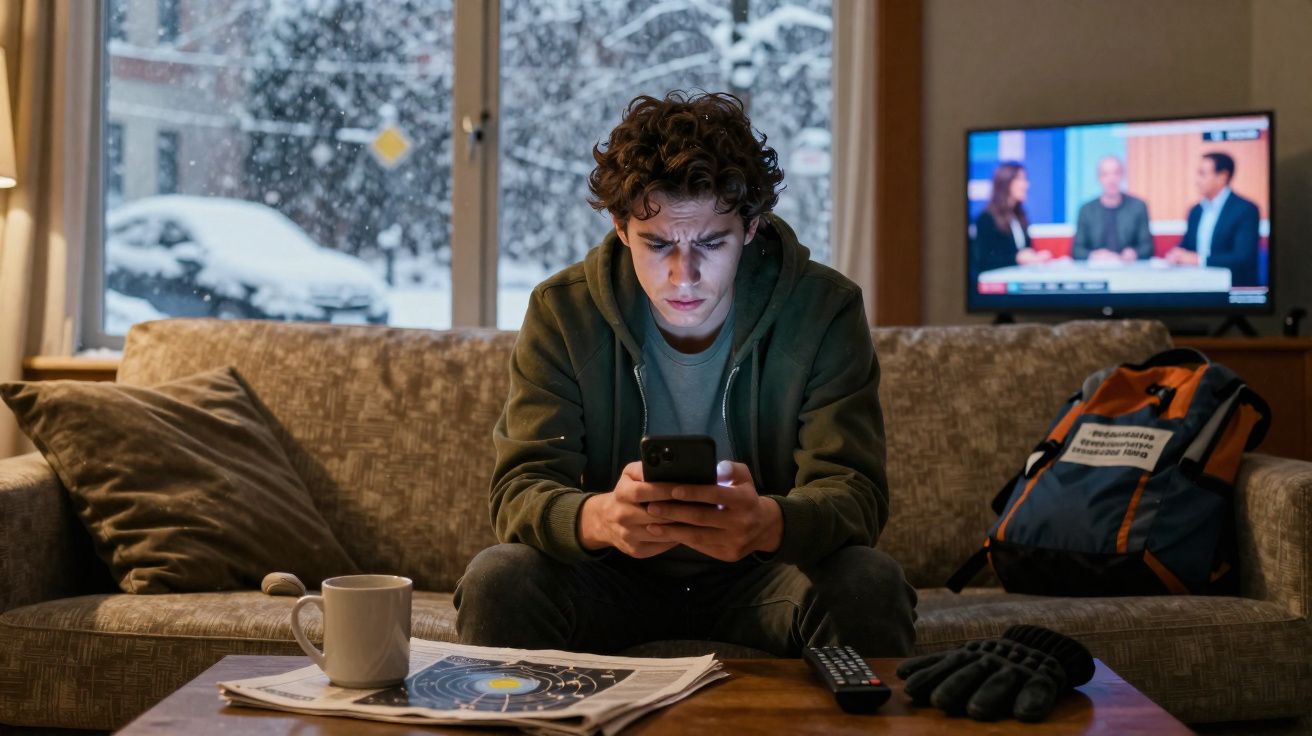 Jovem concentrado usando celular sentado no sofá, mesa com jornal, caneca e luvas, neve vista pela janela atrás.