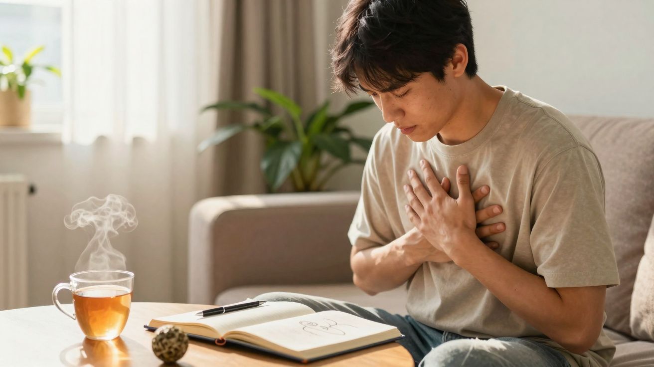 Jovem sentado no sofá com mãos no peito, aparentando dor, com chá e caderno sobre a mesa à sua frente.