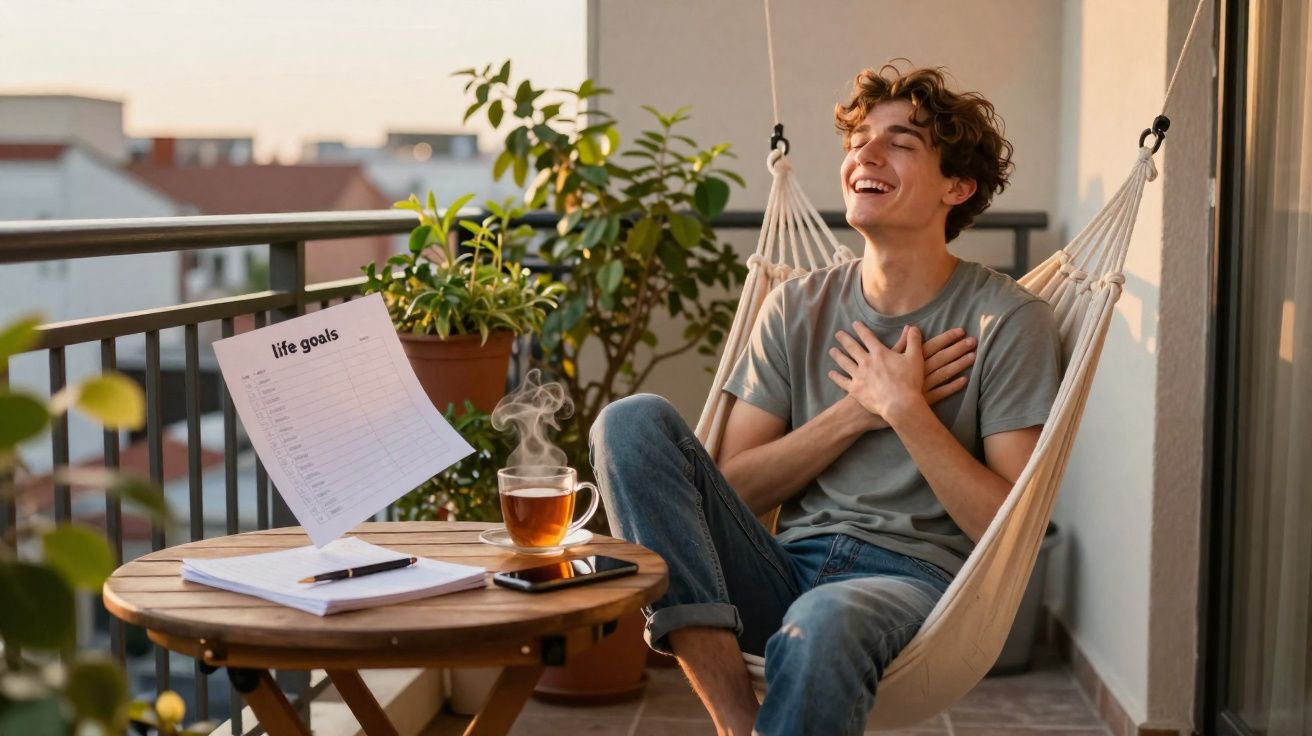 Jovem sorrindo, sentado em rede na varanda, com mesa, planta, chá quente e papel de metas de vida.