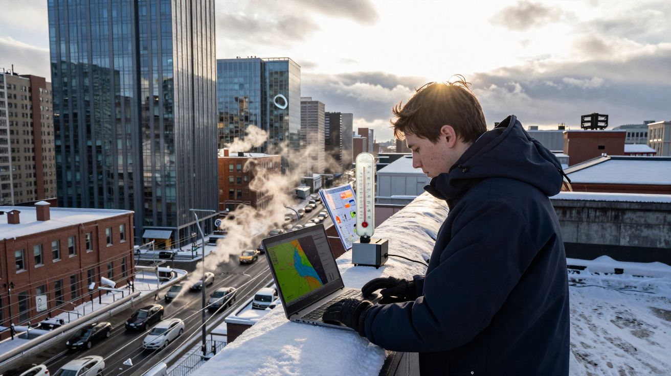Jovem em casaco escuro usando notebook em cobertura com neve, observando dados e termômetro na cidade.