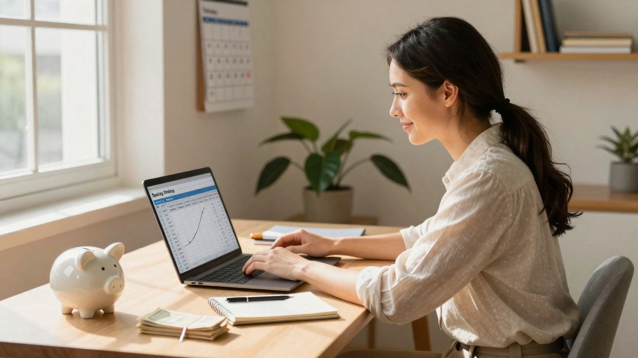 Mulher sentada em mesa com cofrinho, dinheiro e laptop analisando gráficos financeiros.