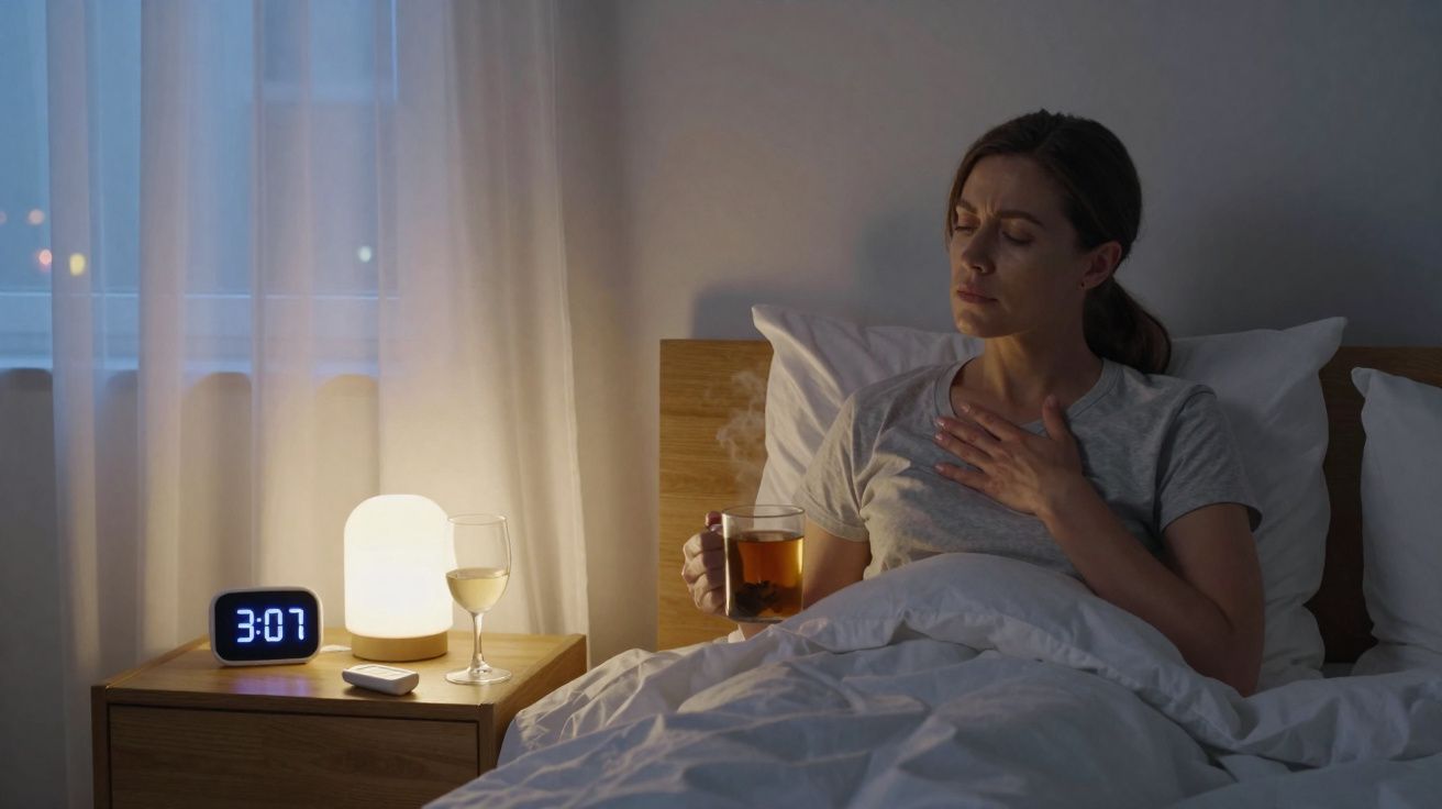 Mulher com expressão de desconforto no peito, sentada na cama à noite, segurando xícara de chá quente.
