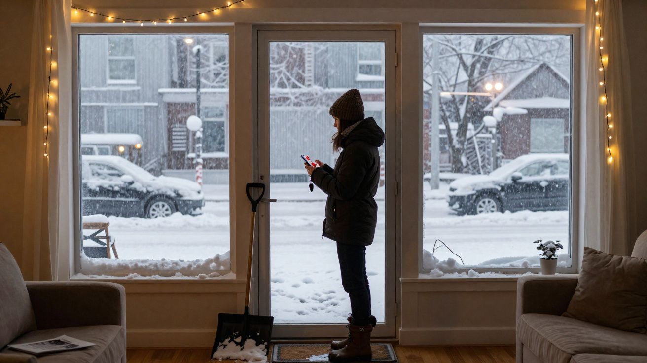 Mulher em roupa de inverno usando celular dentro de casa, olhando janela com neve e carros do lado de fora.