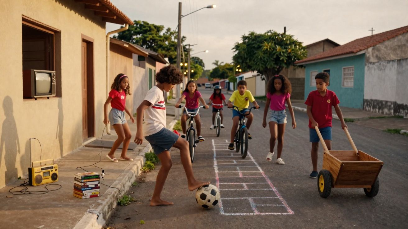 Crianças brincando na rua: pula corda, bicicleta, bola e carrinho de madeira ao fim da tarde.