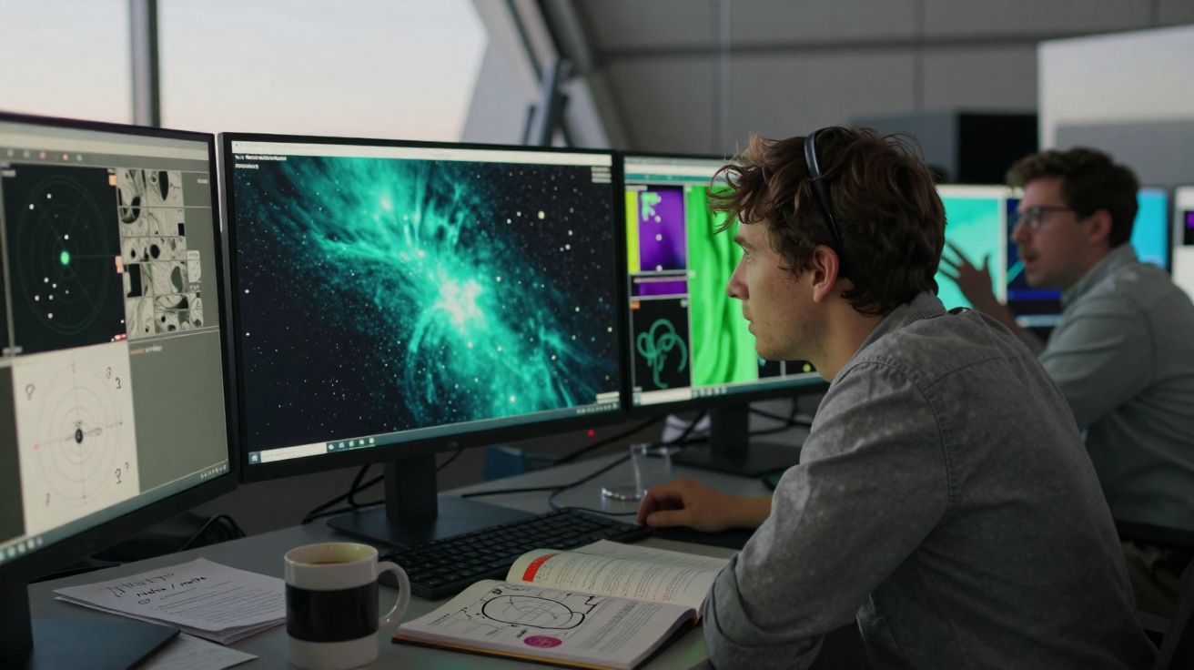 Dois jovens profissionais analisam imagens e dados científicos em múltiplos monitores em ambiente de escritório moderno.