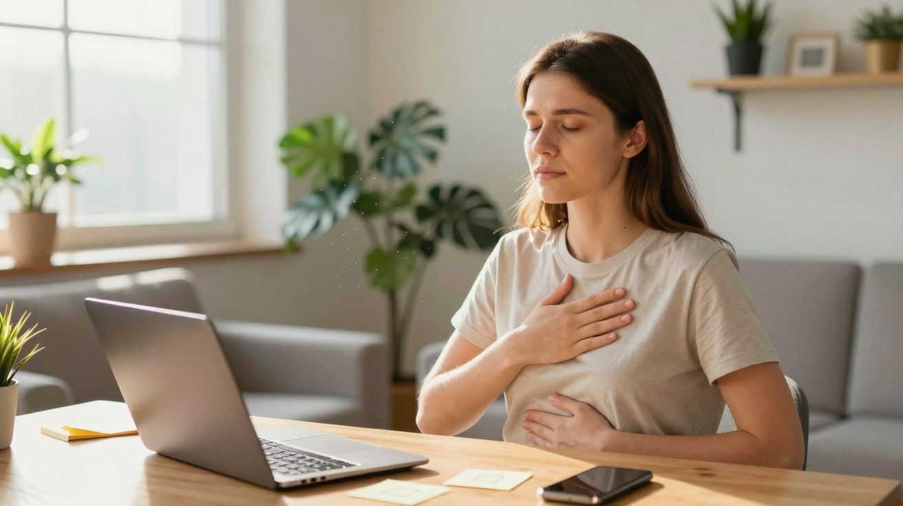Mulher com olhos fechados faz exercícios de respiração sentada à mesa com laptop e celular em casa.