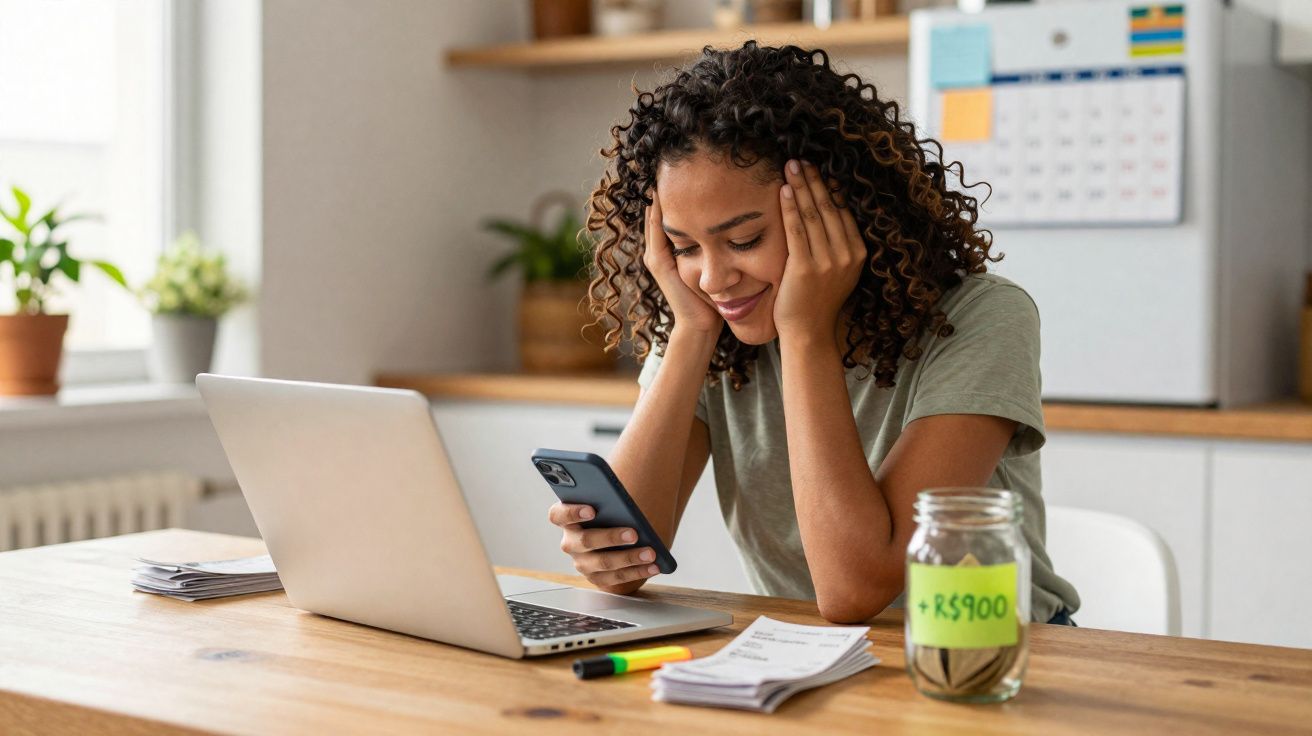 Mulher sorrindo enquanto consulta o celular sentada à mesa com laptop, cofrinho e papéis na cozinha.