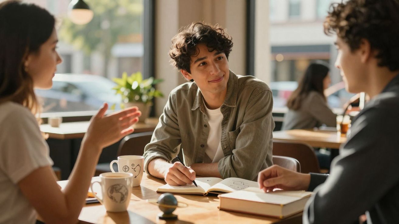 Três jovens conversando e estudando em uma cafeteria iluminada, com livros e canecas na mesa.