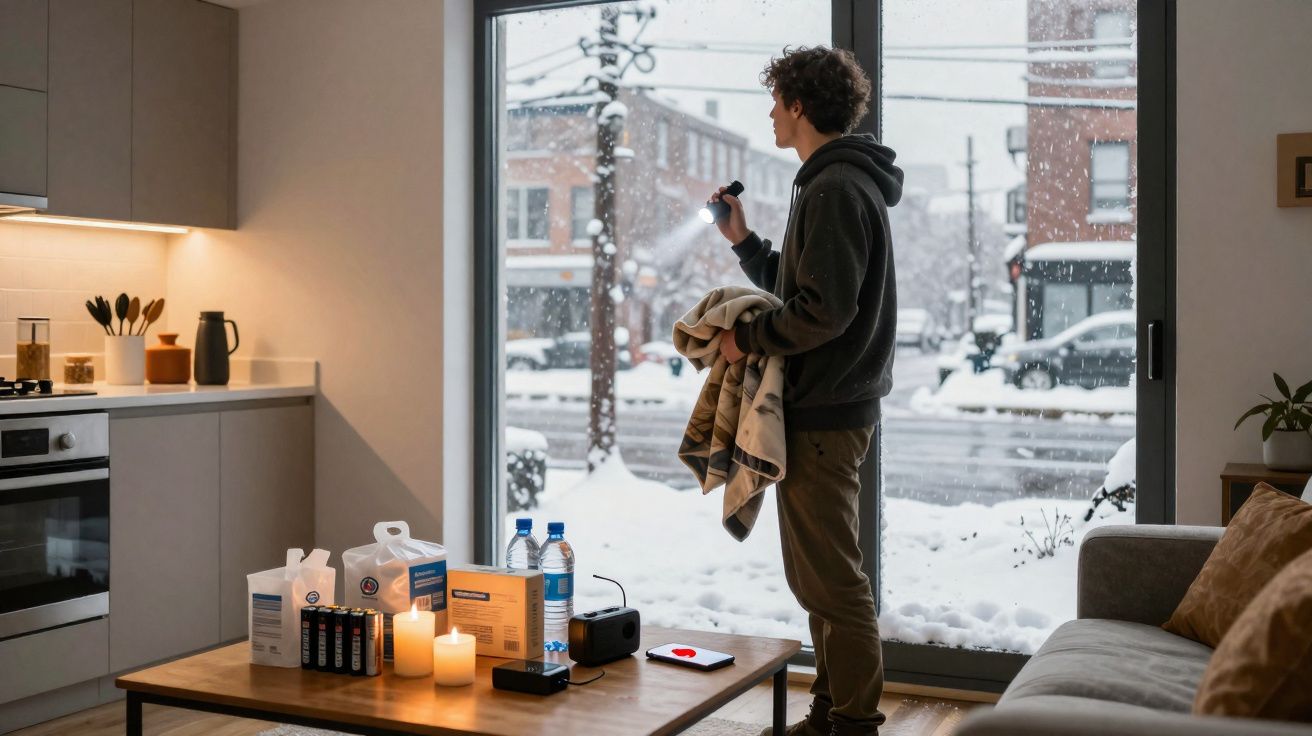 Pessoa de pé perto de janela grande em sala, com neve do lado de fora e itens de emergência na mesa.