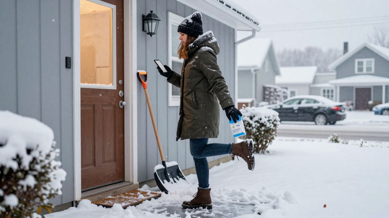 Mulher vestindo casaco e gorro, segurando celular e medidor, pronta para abrir porta em casa com neve no chão.