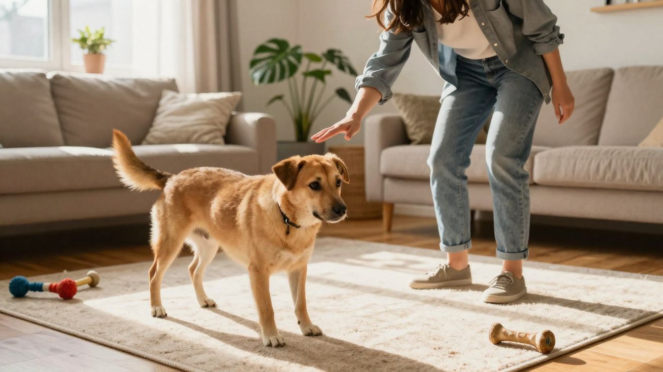 Mulher treinando cachorro marrom claro em sala de estar com sofás e brinquedos no tapete claro.