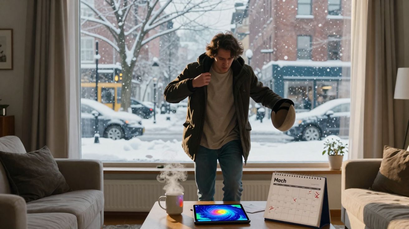 Jovem com casaco e gorro na mão em sala com neve do lado de fora pela janela grande.