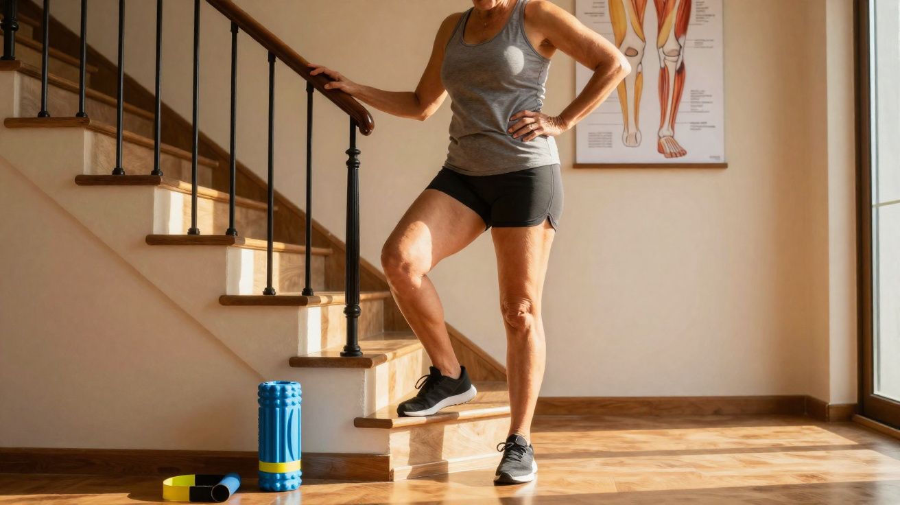 Pessoa madura em roupa de ginástica apoiada no corrimão de escada, com acessórios de treino no chão ao lado.