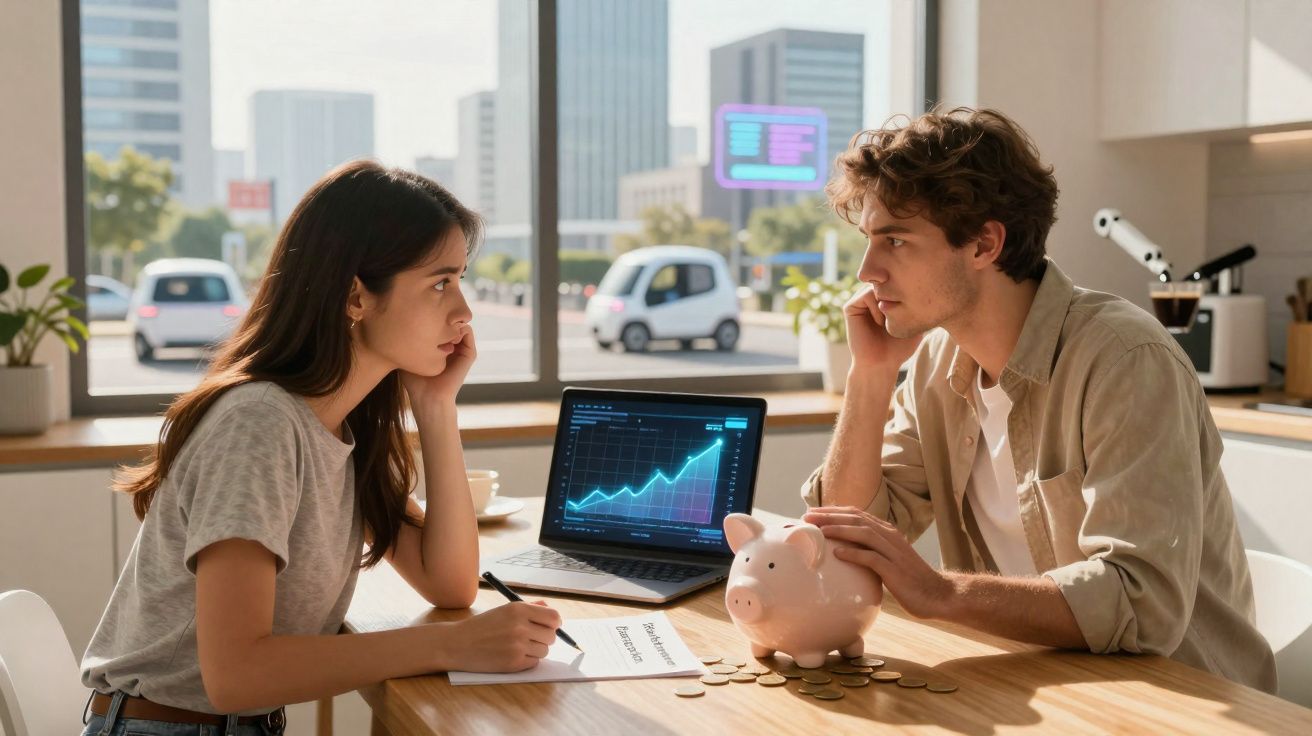 Casal jovem discutindo finanças com laptop exibindo gráfico e cofrinho rosa em uma mesa ensolarada.